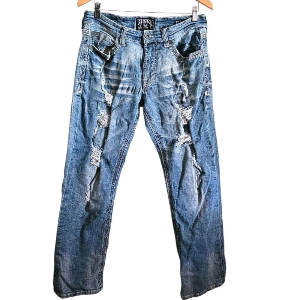 Salvage Supply Co Light Wash Distressed‎ Straight Jeans 33x30